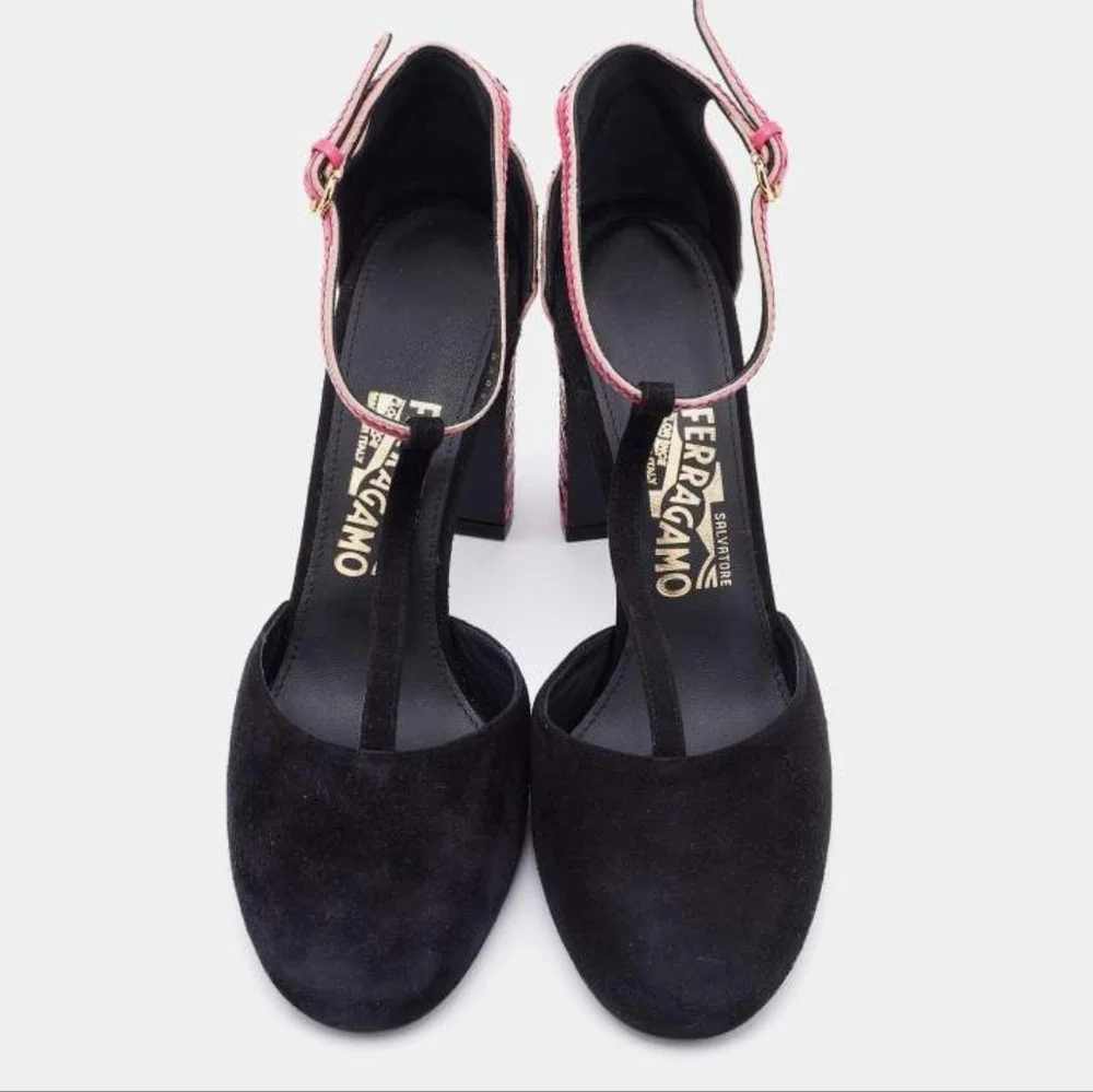 Salvatore Ferragamo Black/Pink Suede And Leather Fergie T-Strap Pumps - Picture 3 of 13